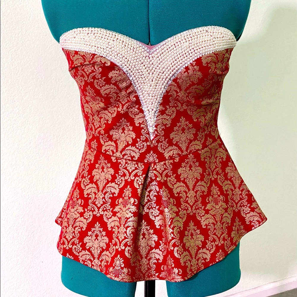 Strapless stretch jacquard Pearl-neck peplum top